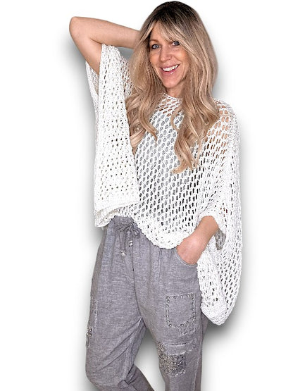 HELGA MAY WHITE GLITTER HOLLOW KNIT PONCHO
