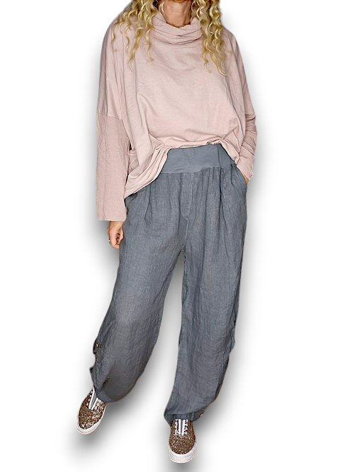 Grey Wide Elastic Linen Pants