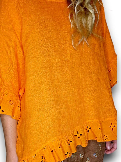 PLAIN ORANGE EYELET LACE EDGE TUNIC TOP