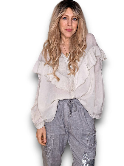 PALE BEIGE FRILL LONG SLEEVE TUNIC