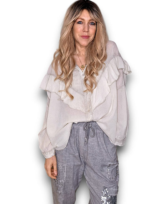 PALE BEIGE FRILL LONG SLEEVE TUNIC