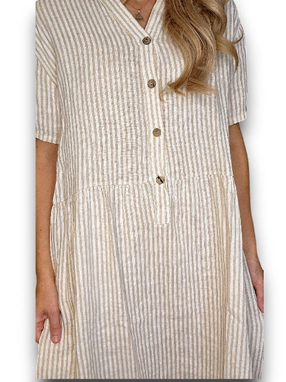 BEIGE STRIPE MIDI COCONUT BUTTON DRESS