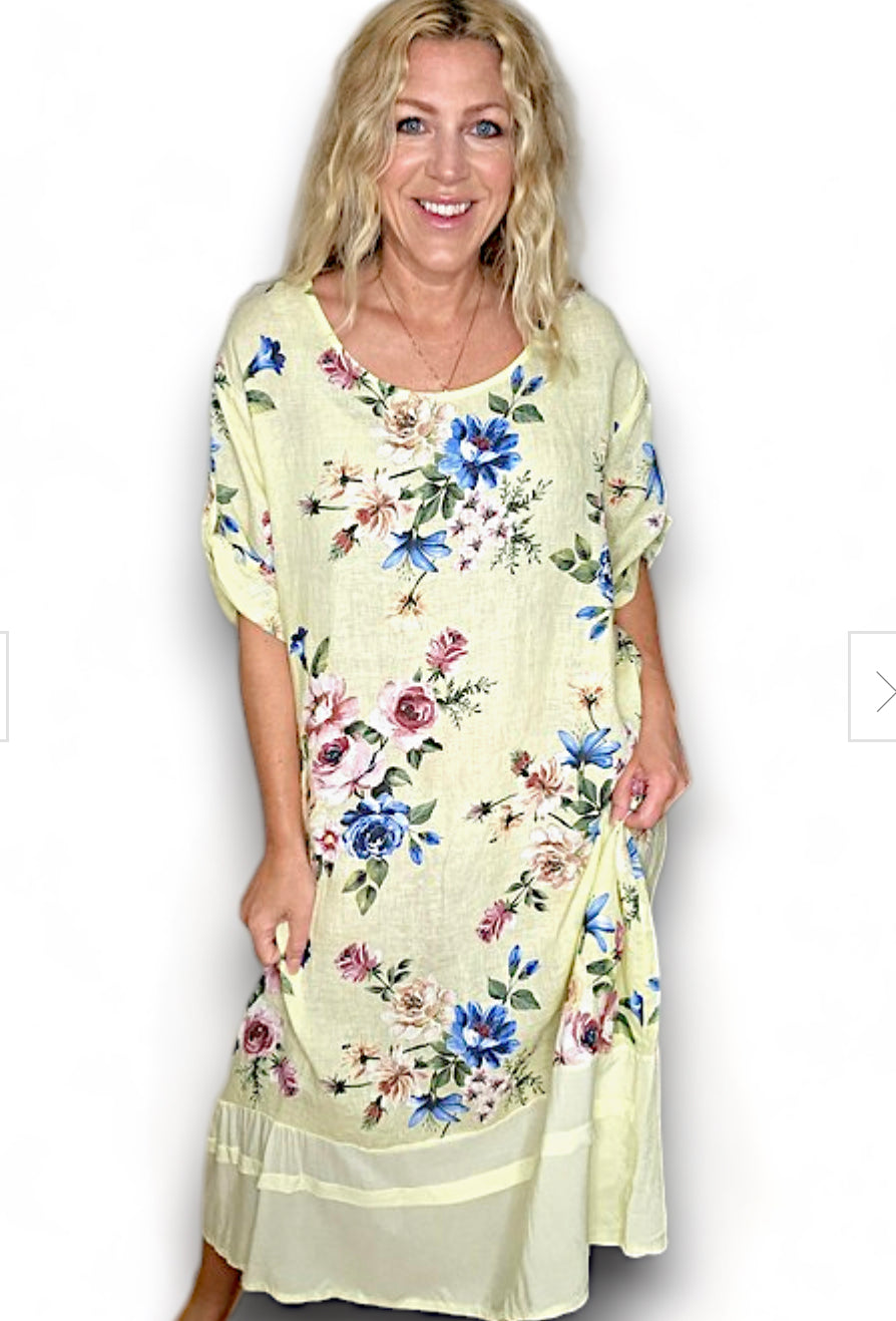 LIGHT LEMON BUNDLE FLORA BUTTON SLEEVE HEM DRESS