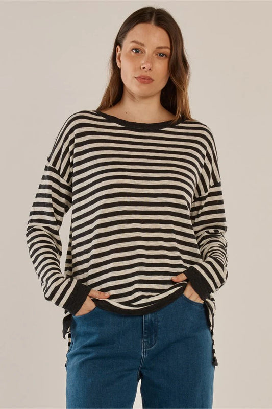 BETTY BASICS Natasha Knit Top - Black/Off-White Stripe