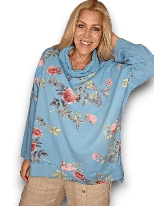 LIGHT TURQUOISE THORN ROSE MOKU COTTON W DETAILS SWEATER