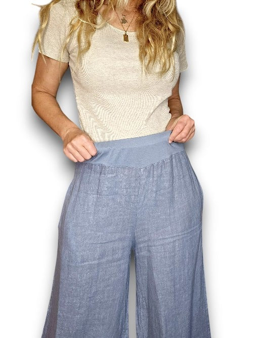 PETROL WIDE ELASTIC WAIST LINEN PANT WITH PKTS