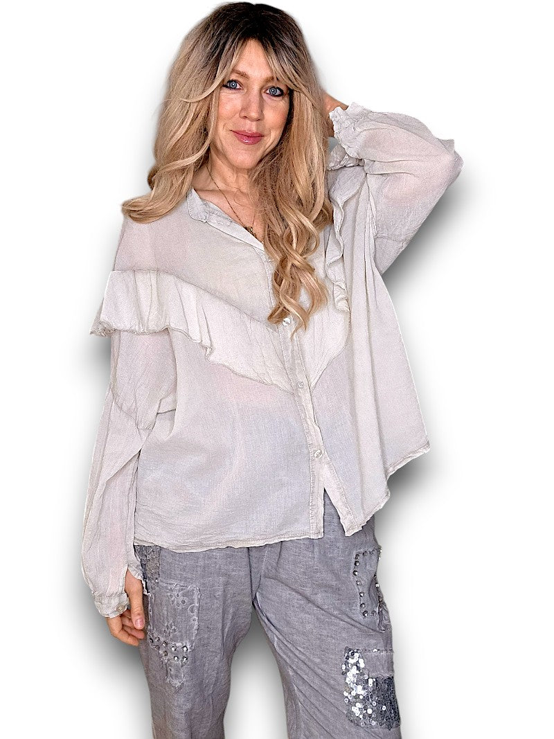 PALE BEIGE FRILL LONG SLEEVE TUNIC