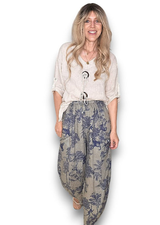MOCHA FRENCH TOILLE BARREL LINEN PANTS