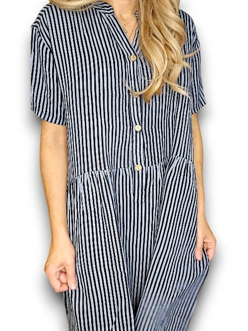 DARK JADE STRIPE MIDI COCONUT BUTTON DRESS