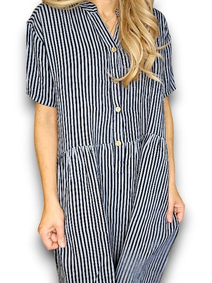 DARK JADE STRIPE MIDI COCONUT BUTTON DRESS