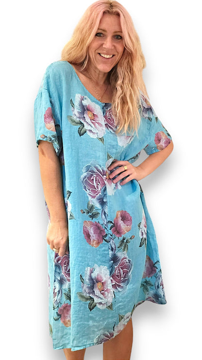 TURQUOISE OMBRE PEONY EASY PEASY T-SHAPE DRESS