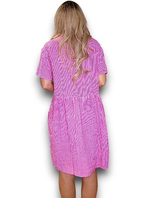 HOT PINK STRIPE MIDI COCONUT BUTTON DRESS