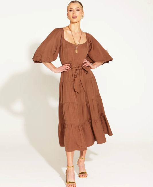 One And Only Puff Sleeve Waist Tie Tiered Midi Dress - Mocha Brown