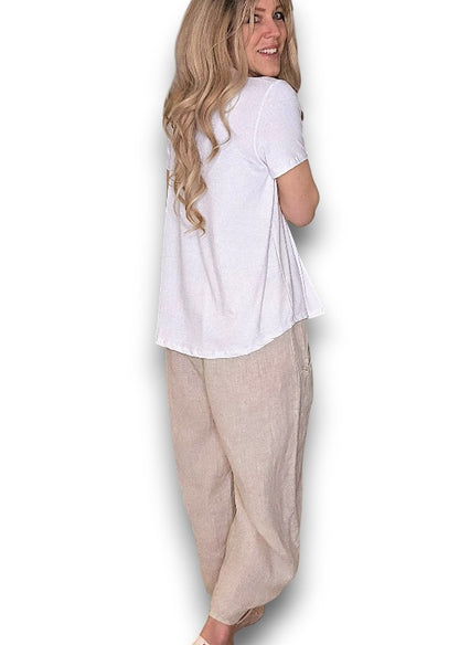 BEIGE BARREL LINEN PANTS