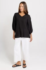 Bella Linen Blend Blouse - Black