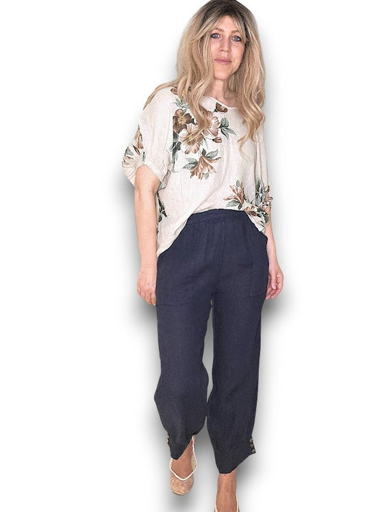 NAVY MINI BUTTON LINEN PANTS
