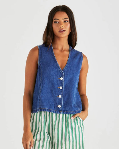 SABINE DENIM VEST - MID BLUE WASH