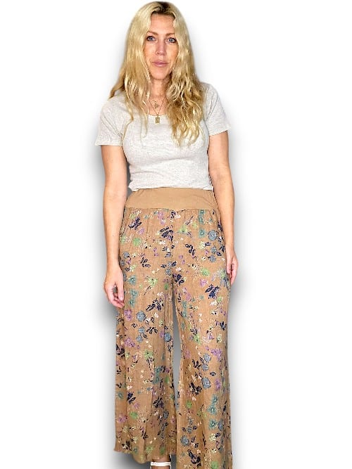 CARAMEL WILD GARDEN ELASTIC WAIST LINEN PANT