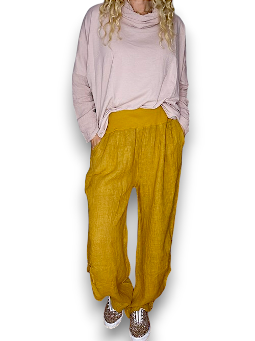 Mustard Wide Elastic Waist Linen Pants