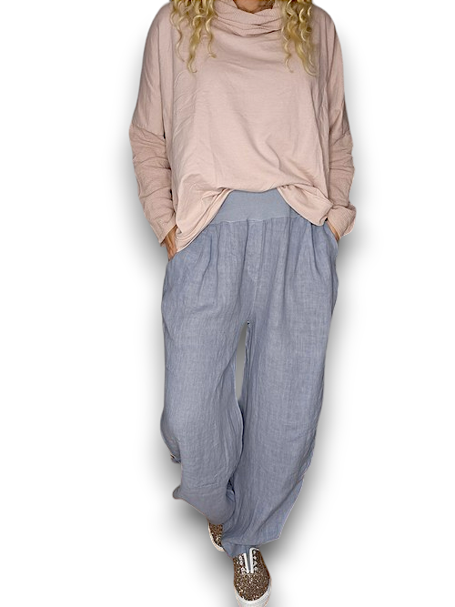 Petrol Wide Elastic Waist Linen Pants