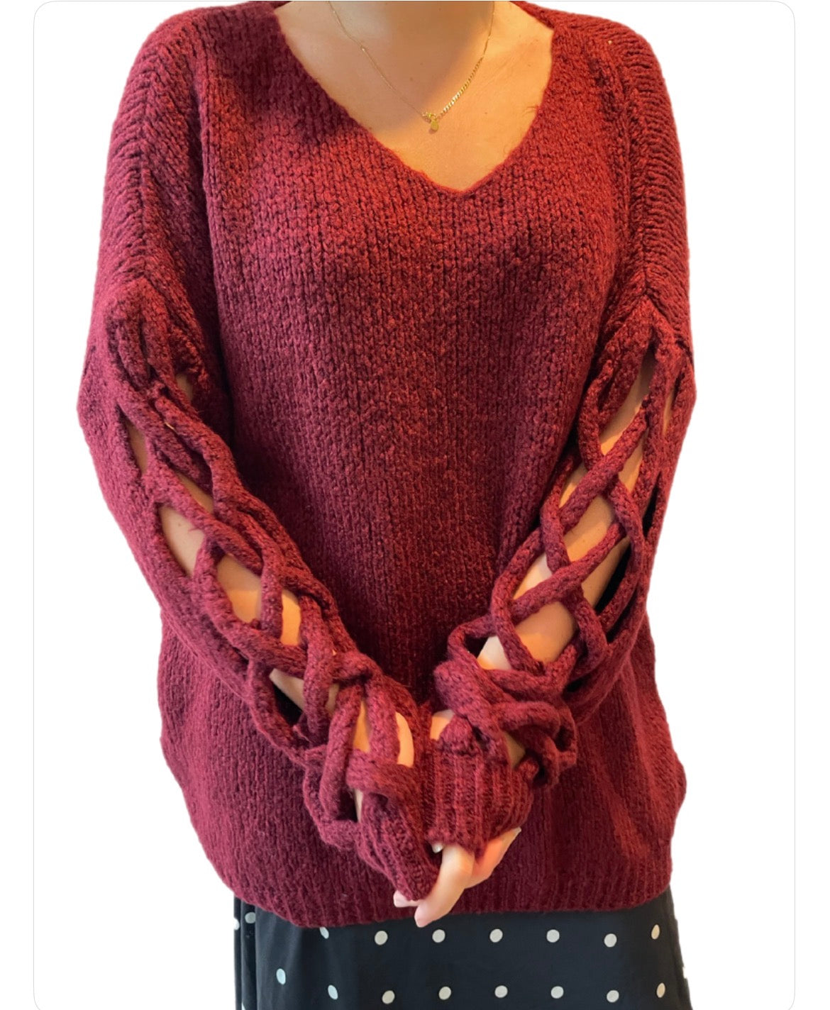 Plait Sleeve Knit - Burgundy