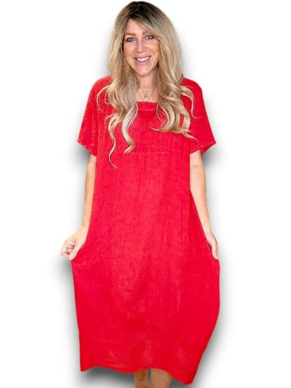 RED PLAIN MID SLEEVE MAXI DRESS