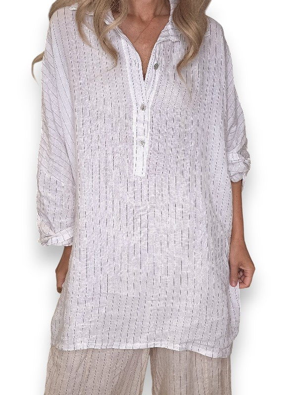 HELGA MAY WHITE PINSTRIPE COASTAL TUNIC SHIRT