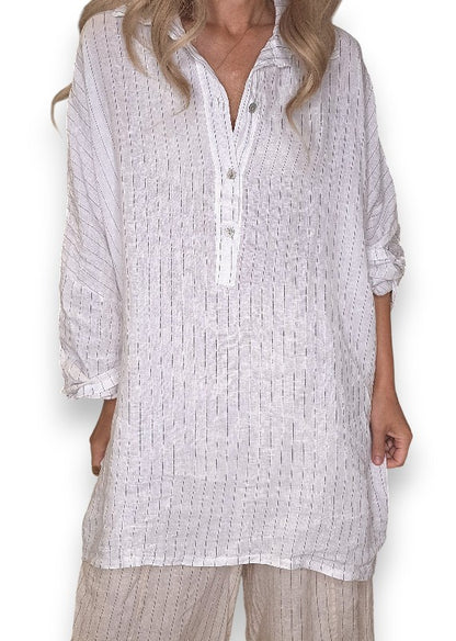 HELGA MAY WHITE PINSTRIPE COASTAL TUNIC SHIRT