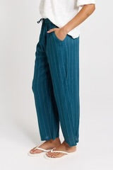 Palm Linen Blend Relax Pants - Teal/White Stripe