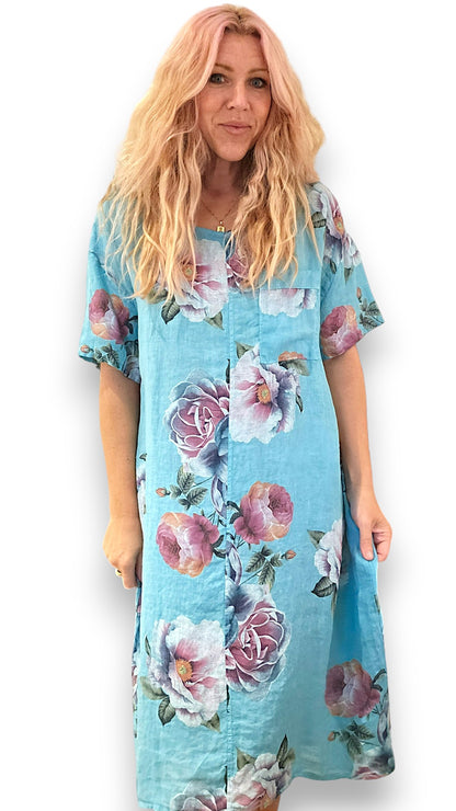 TURQUOISE OMBRE PEONY EASY PEASY T-SHAPE DRESS