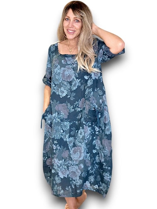 DARK JADE SCARLETT ROSE BUTTON SLEEVE MAXI DRESS