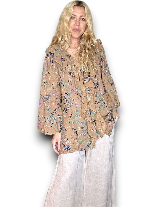 COFFEE WILD GARDEN MADRID LINEN FRILL TUNIC