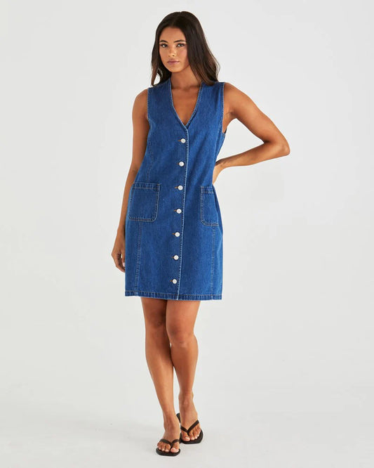 SABINE DENIM VEST DRESS - MID BLUE WASH