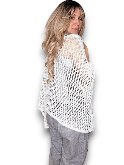 HELGA MAY WHITE GLITTER HOLLOW KNIT PONCHO