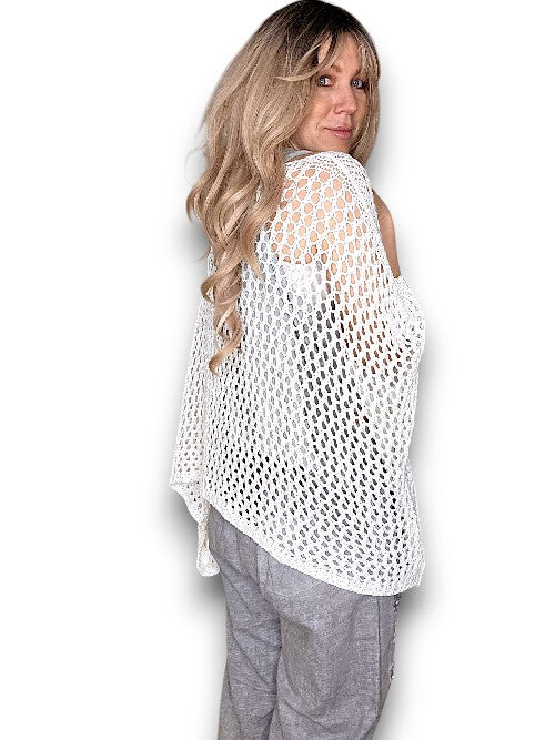 HELGA MAY WHITE GLITTER HOLLOW KNIT PONCHO