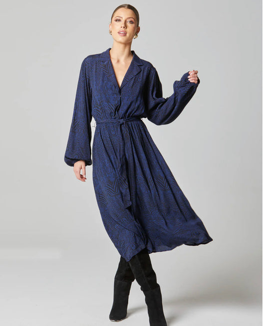 Walking Flames Faux Wrap Long Sleeve Midi Dress - Navy Animal