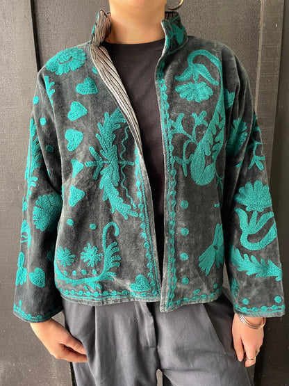 Velvet Jacket - Gray/teal LOVE