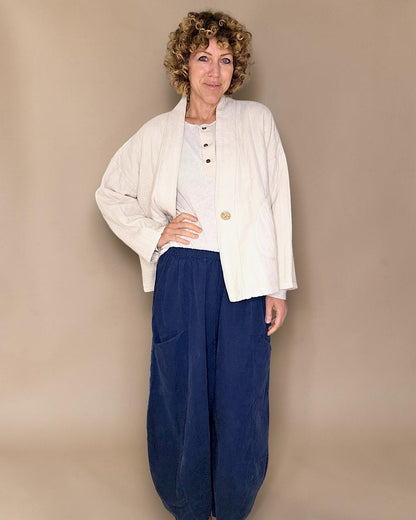 VANILLA COTTON GAUZE KIMONO-GOLD BUTTON