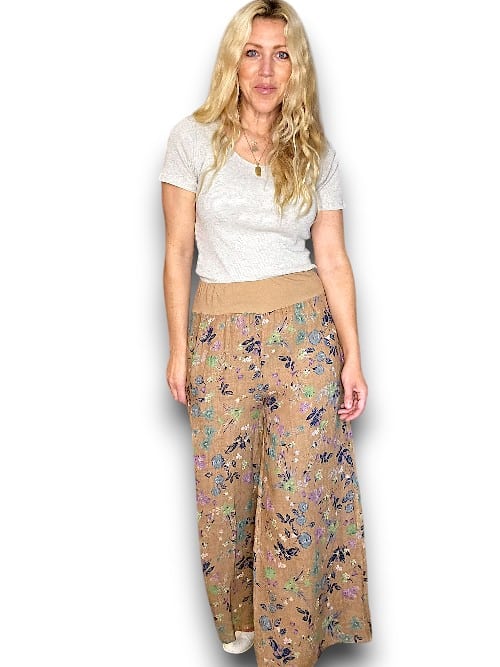 CARAMEL WILD GARDEN ELASTIC WAIST LINEN PANT