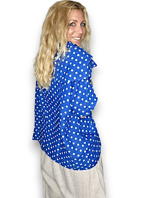 COBALT POLKA DOT SPLIT COLLAR MOKU TOP