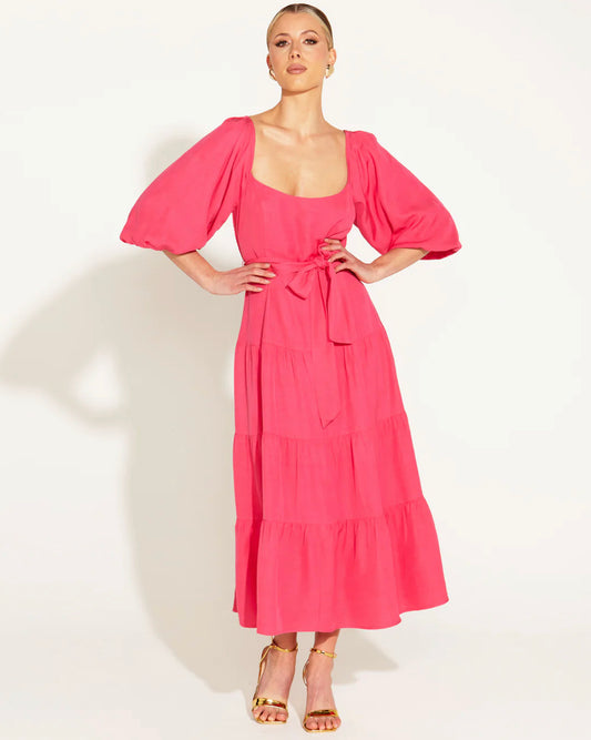 One And Only Puff Sleeve Waist Tie Tiered Midi Dress - Hot Pink