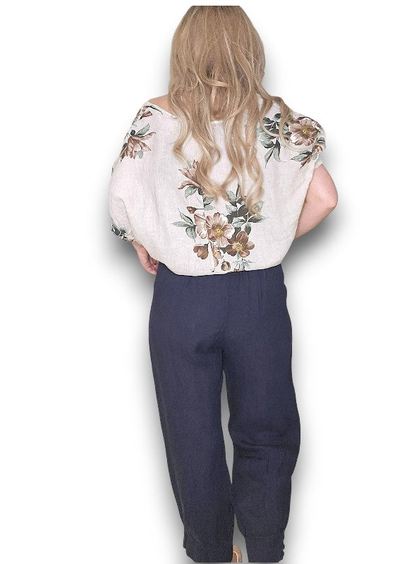 NAVY MINI BUTTON LINEN PANTS