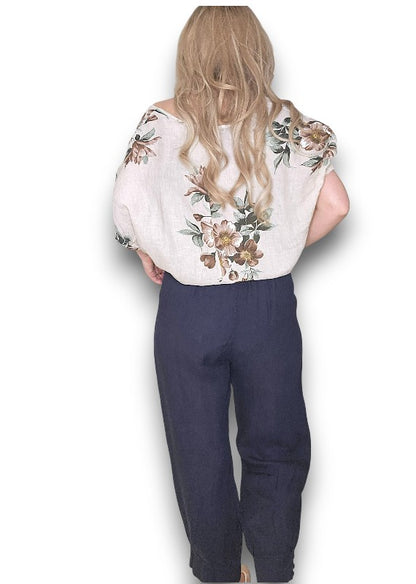 NAVY MINI BUTTON LINEN PANTS