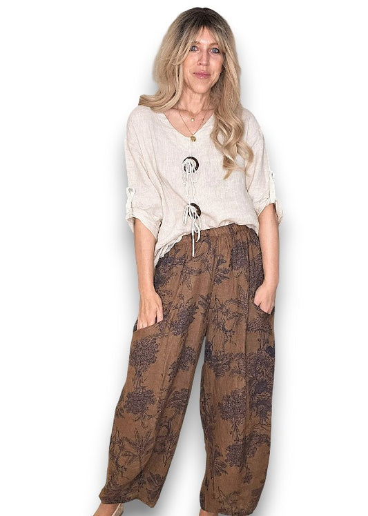 COFFEE FRENCH TOILLE BARREL LINEN PANTS