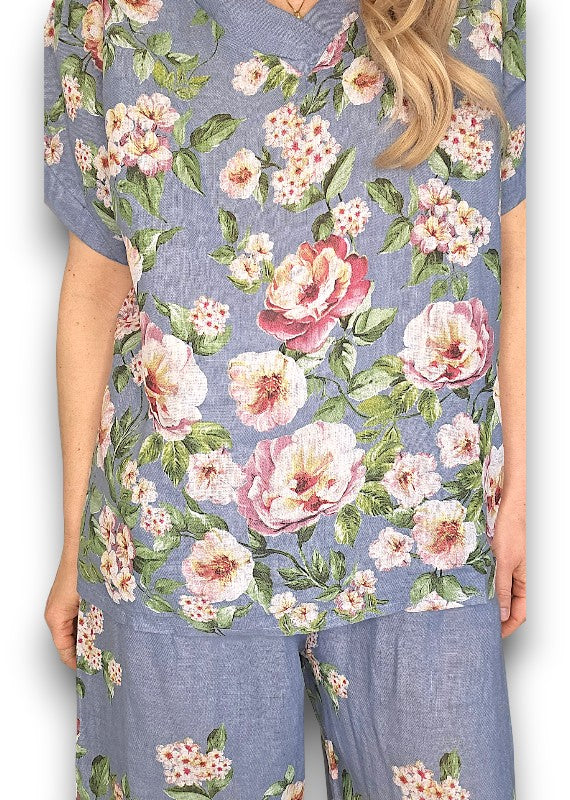 PETROL RUBY BLOSSOM LINEN TOP