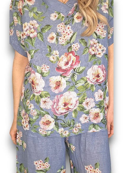 PETROL RUBY BLOSSOM LINEN TOP