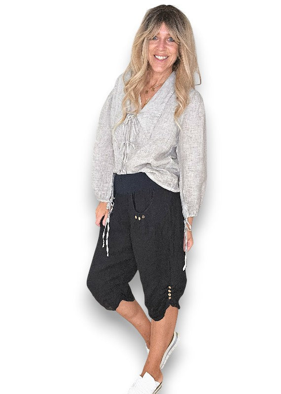 HELGA MAY BLACK PLAIN CAPRI LINEN PANT