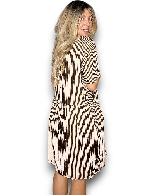 COFFEE STRIPE MIDI COCONUT BUTTON DRESS