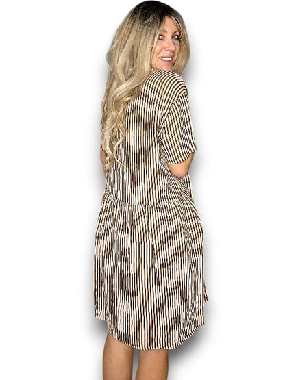 COFFEE STRIPE MIDI COCONUT BUTTON DRESS