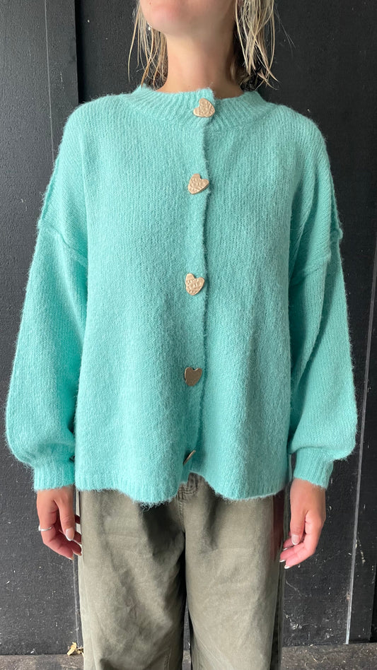 Teal Gold Heart Knit Cardigan
